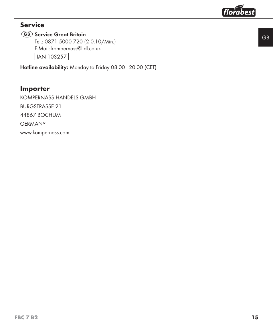 Service, Importer | Florabest FBC 7 B2 User Manual | Page 22 / 103