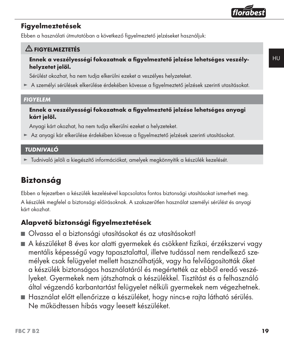 Biztonság | Florabest FBC 7 B2 User Manual | Page 26 / 103