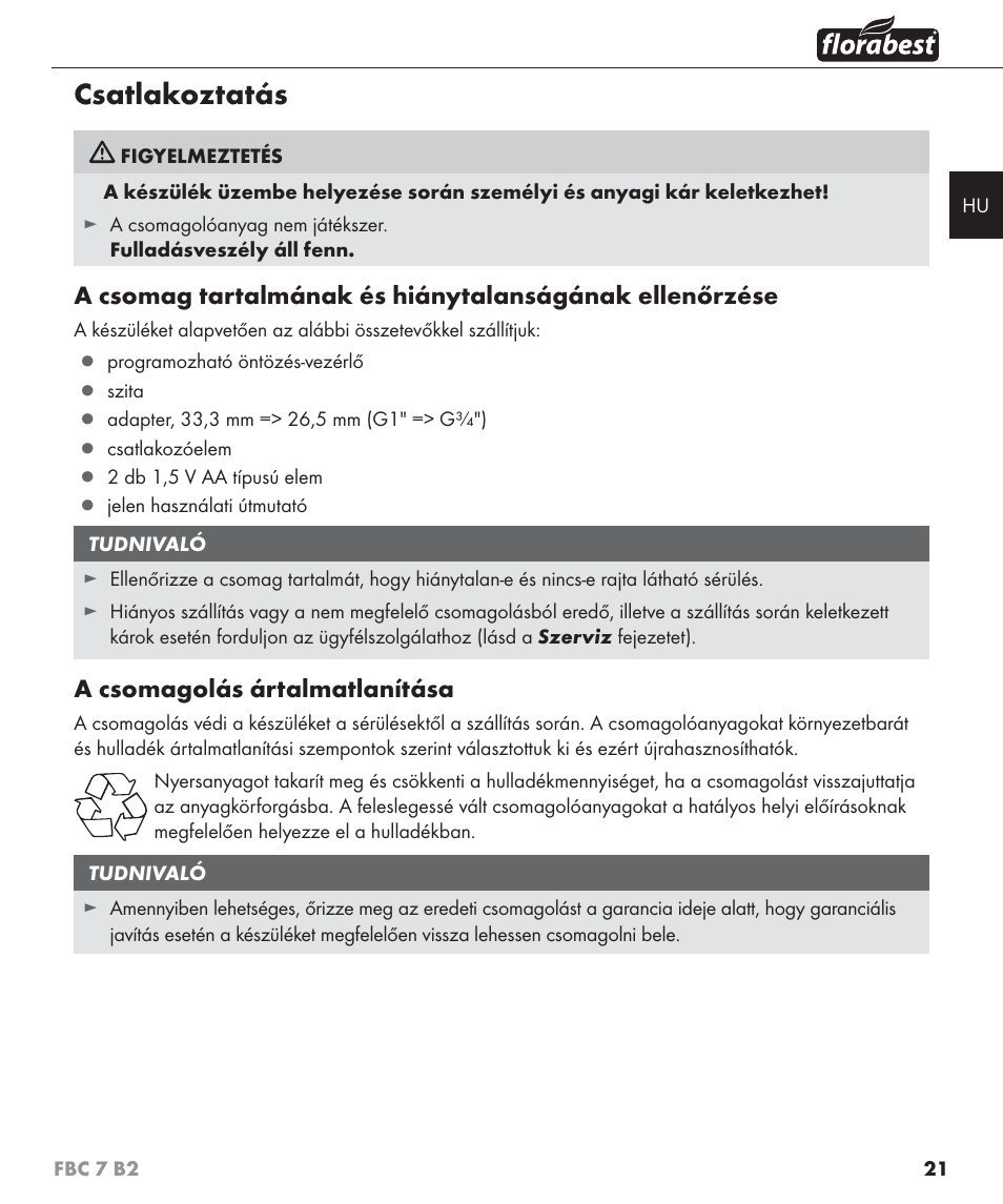 Csatlakoztatás, A csomagolás ártalmatlanítása | Florabest FBC 7 B2 User Manual | Page 28 / 103