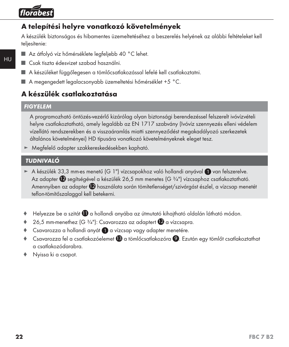 A telepítési helyre vonatkozó követelmények, A készülék csatlakoztatása | Florabest FBC 7 B2 User Manual | Page 29 / 103