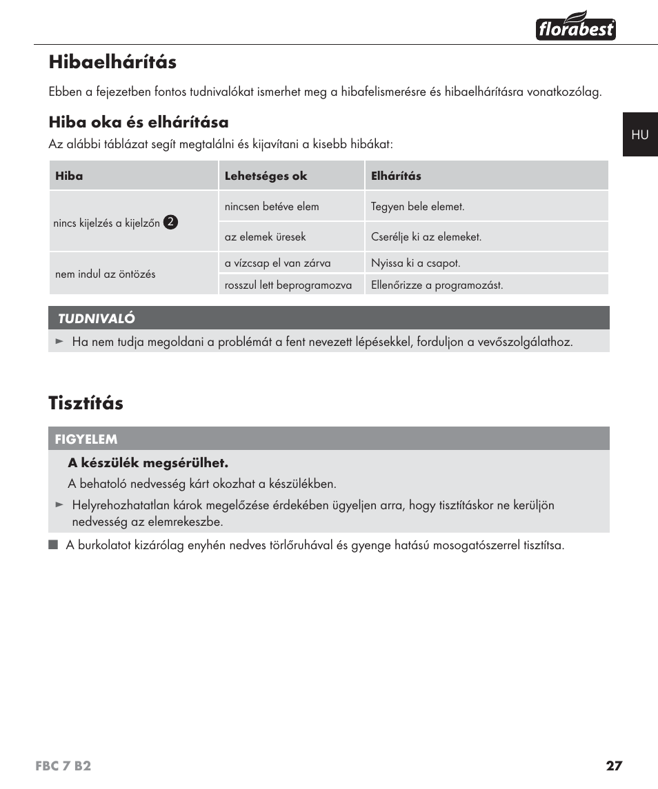 Hibaelhárítás, Tisztítás, Hiba oka és elhárítása | Florabest FBC 7 B2 User Manual | Page 34 / 103