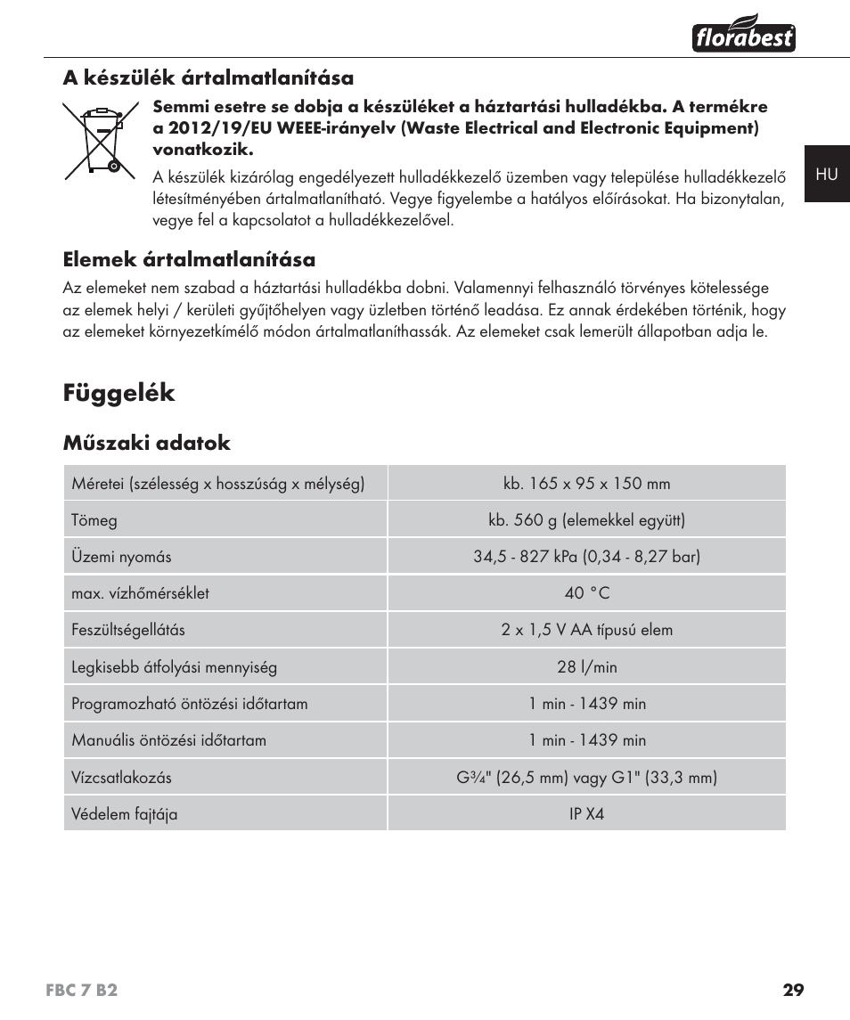 Függelék, A készülék ártalmatlanítása, Elemek ártalmatlanítása | Műszaki adatok | Florabest FBC 7 B2 User Manual | Page 36 / 103
