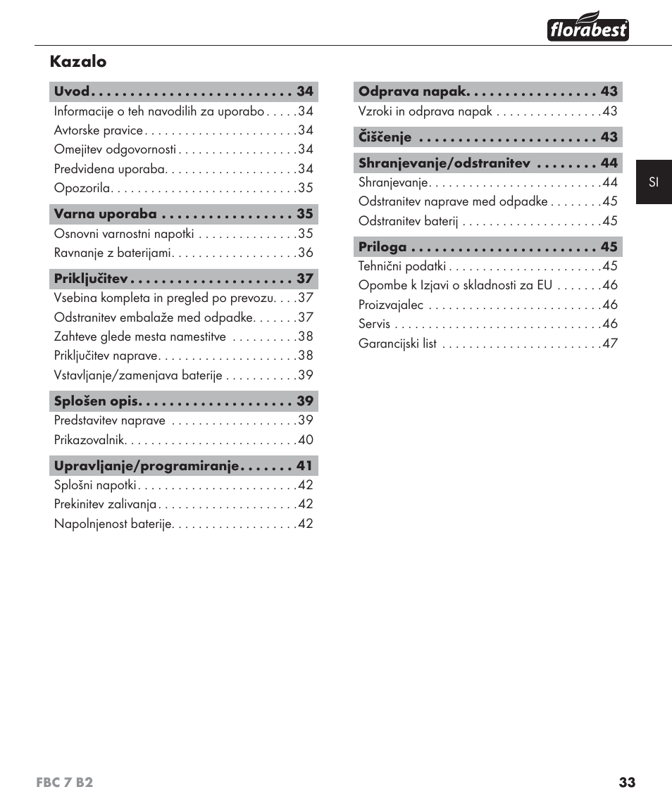 Kazalo | Florabest FBC 7 B2 User Manual | Page 40 / 103