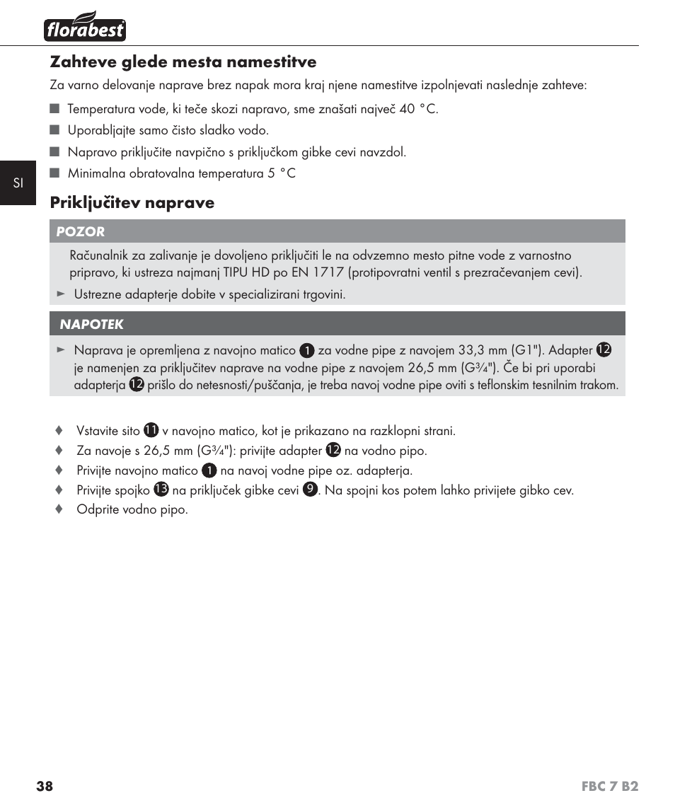 Zahteve glede mesta namestitve, Priključitev naprave | Florabest FBC 7 B2 User Manual | Page 45 / 103