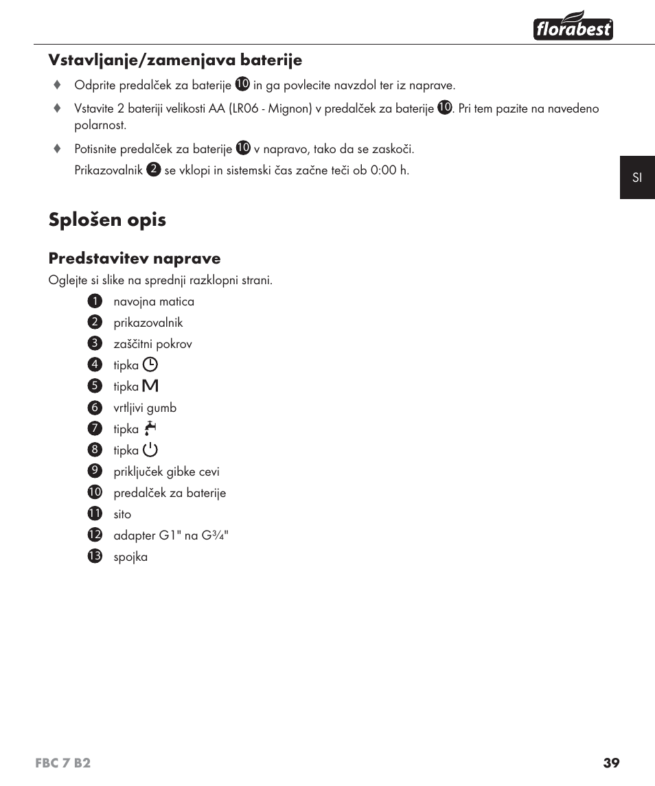 Splošen opis, Vstavljanje/zamenjava baterije, Predstavitev naprave | Florabest FBC 7 B2 User Manual | Page 46 / 103