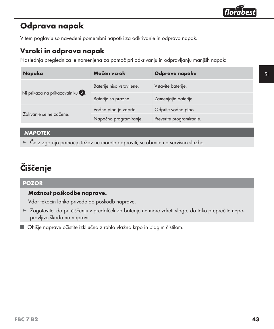 Odprava napak, Čiščenje, Vzroki in odprava napak | Florabest FBC 7 B2 User Manual | Page 50 / 103
