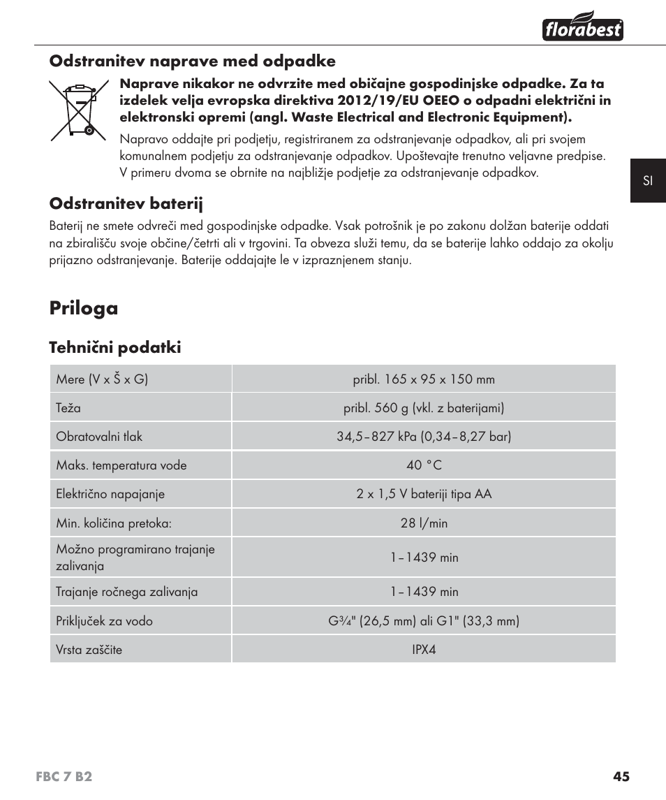 Priloga, Odstranitev naprave med odpadke, Odstranitev baterij | Tehnični podatki | Florabest FBC 7 B2 User Manual | Page 52 / 103