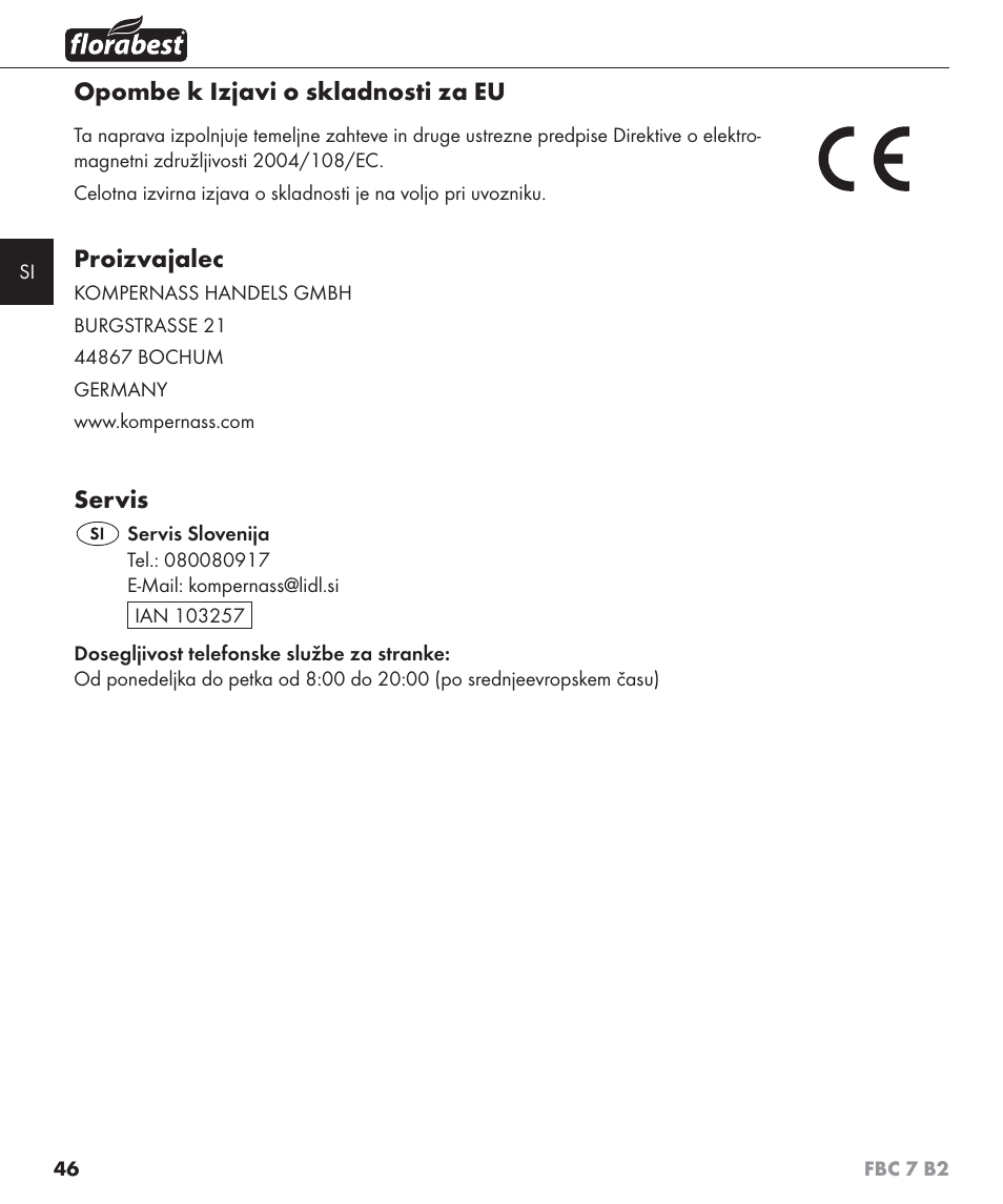 Opombe k izjavi o skladnosti za eu, Proizvajalec, Servis | Florabest FBC 7 B2 User Manual | Page 53 / 103