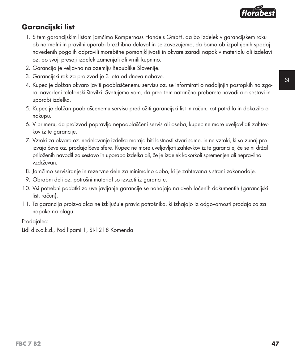 Garancijski list | Florabest FBC 7 B2 User Manual | Page 54 / 103