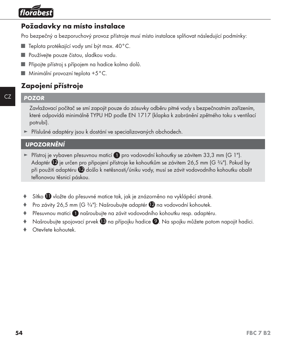 Požadavky na místo instalace, Zapojení přístroje | Florabest FBC 7 B2 User Manual | Page 61 / 103