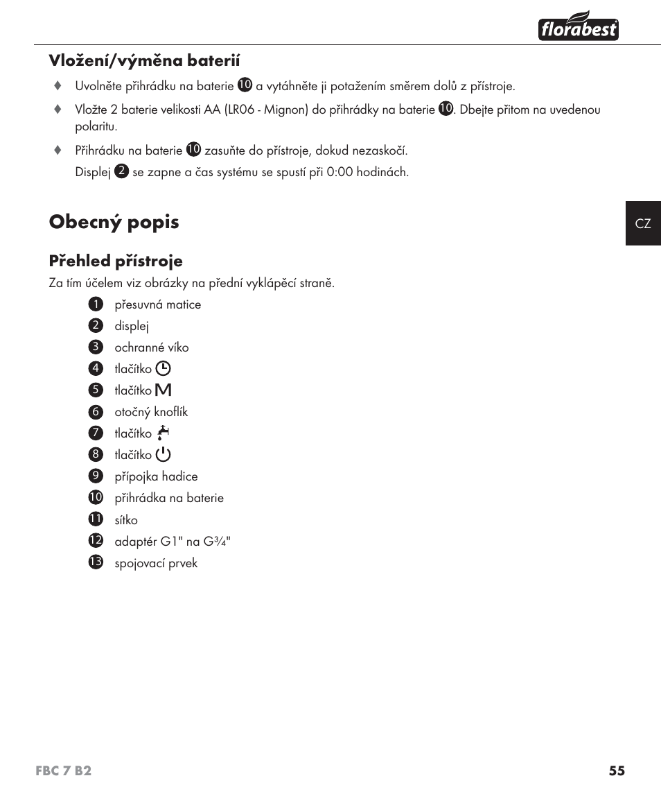 Obecný popis, Vložení/výměna baterií, Přehled přístroje | Florabest FBC 7 B2 User Manual | Page 62 / 103