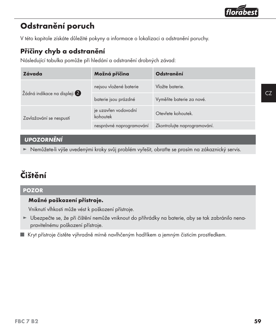 Odstranění poruch, Čištění, Příčiny chyb a odstranění | Florabest FBC 7 B2 User Manual | Page 66 / 103