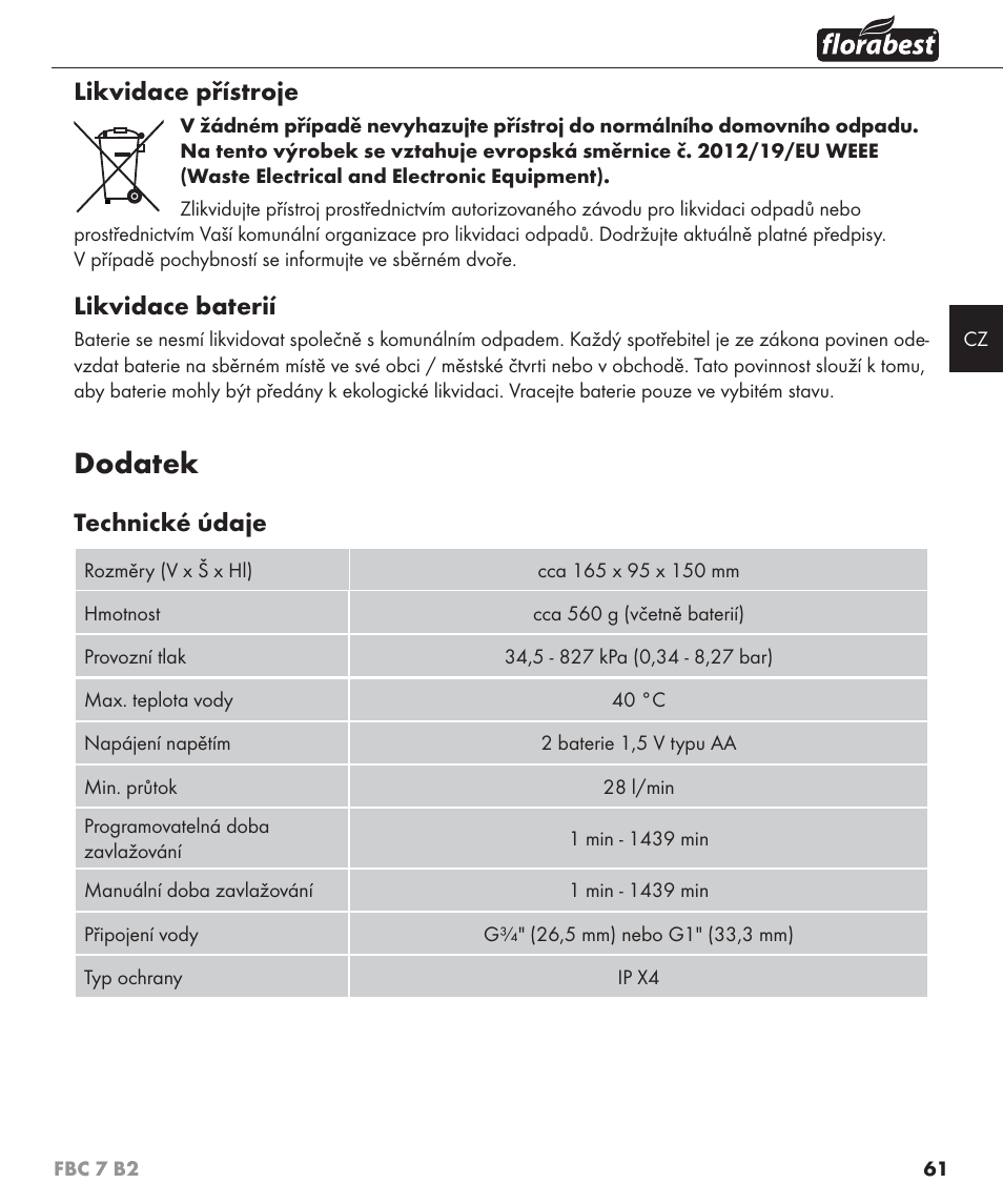 Dodatek, Likvidace přístroje, Likvidace baterií | Technické údaje | Florabest FBC 7 B2 User Manual | Page 68 / 103