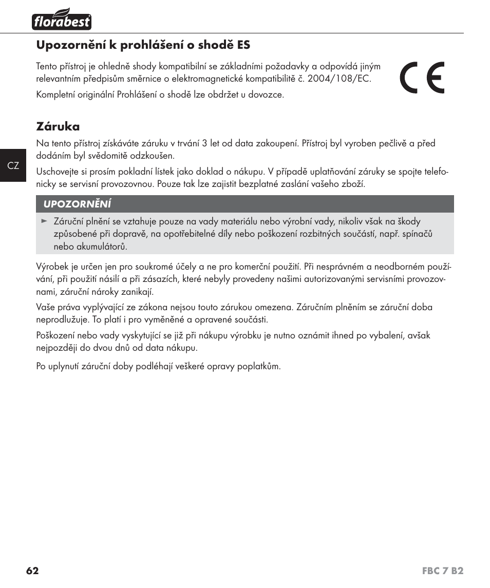Upozornění k prohlášení o shodě es, Záruka | Florabest FBC 7 B2 User Manual | Page 69 / 103
