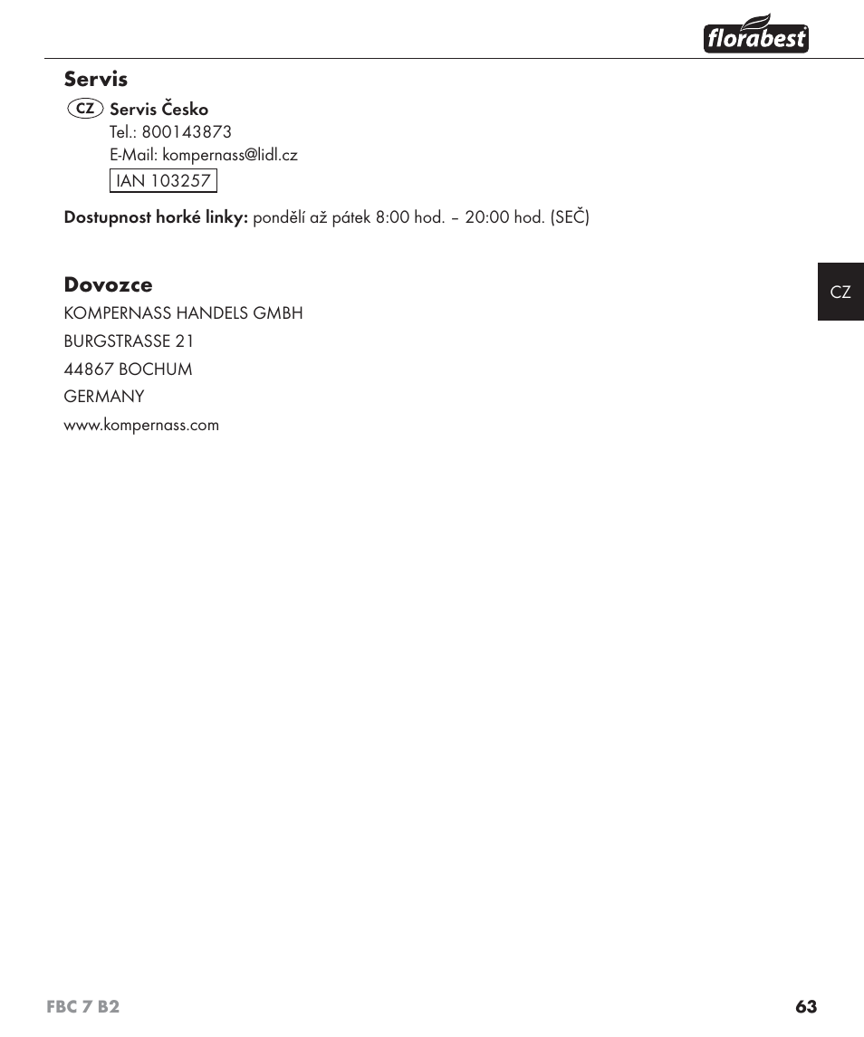 Servis, Dovozce | Florabest FBC 7 B2 User Manual | Page 70 / 103
