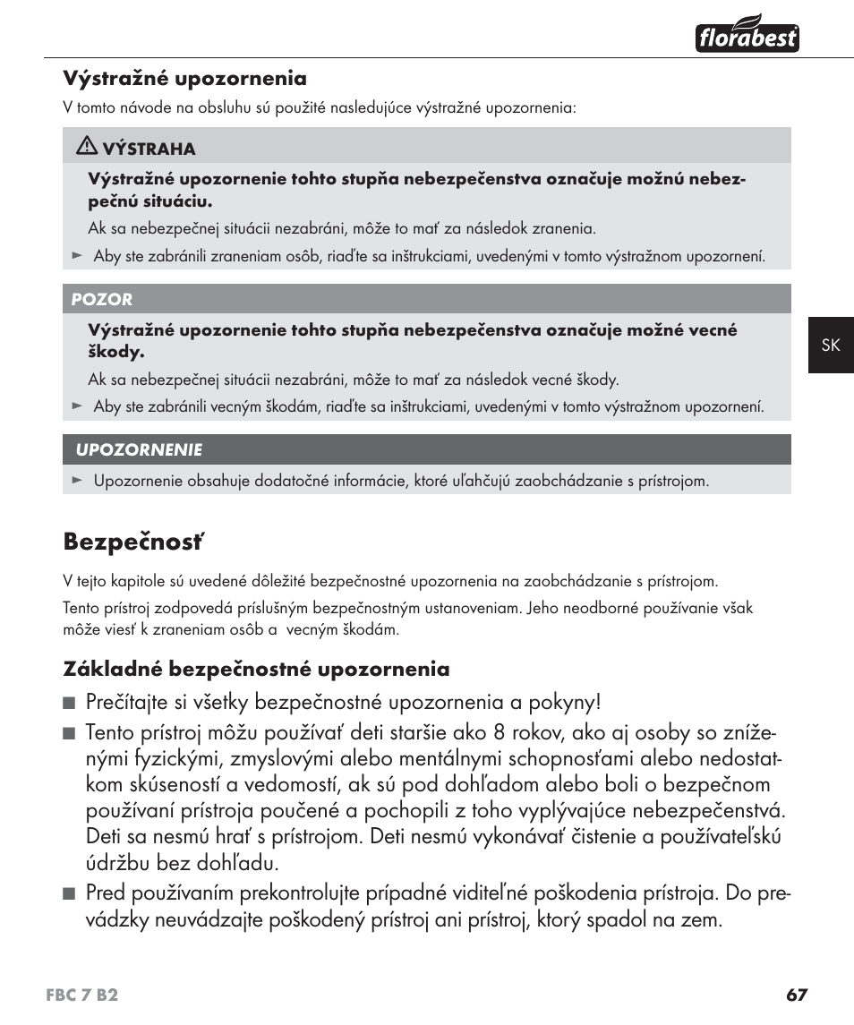 Bezpečnosť | Florabest FBC 7 B2 User Manual | Page 74 / 103