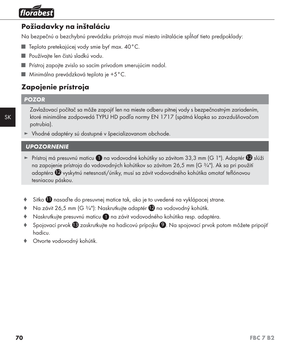 Požiadavky na inštaláciu, Zapojenie prístroja | Florabest FBC 7 B2 User Manual | Page 77 / 103