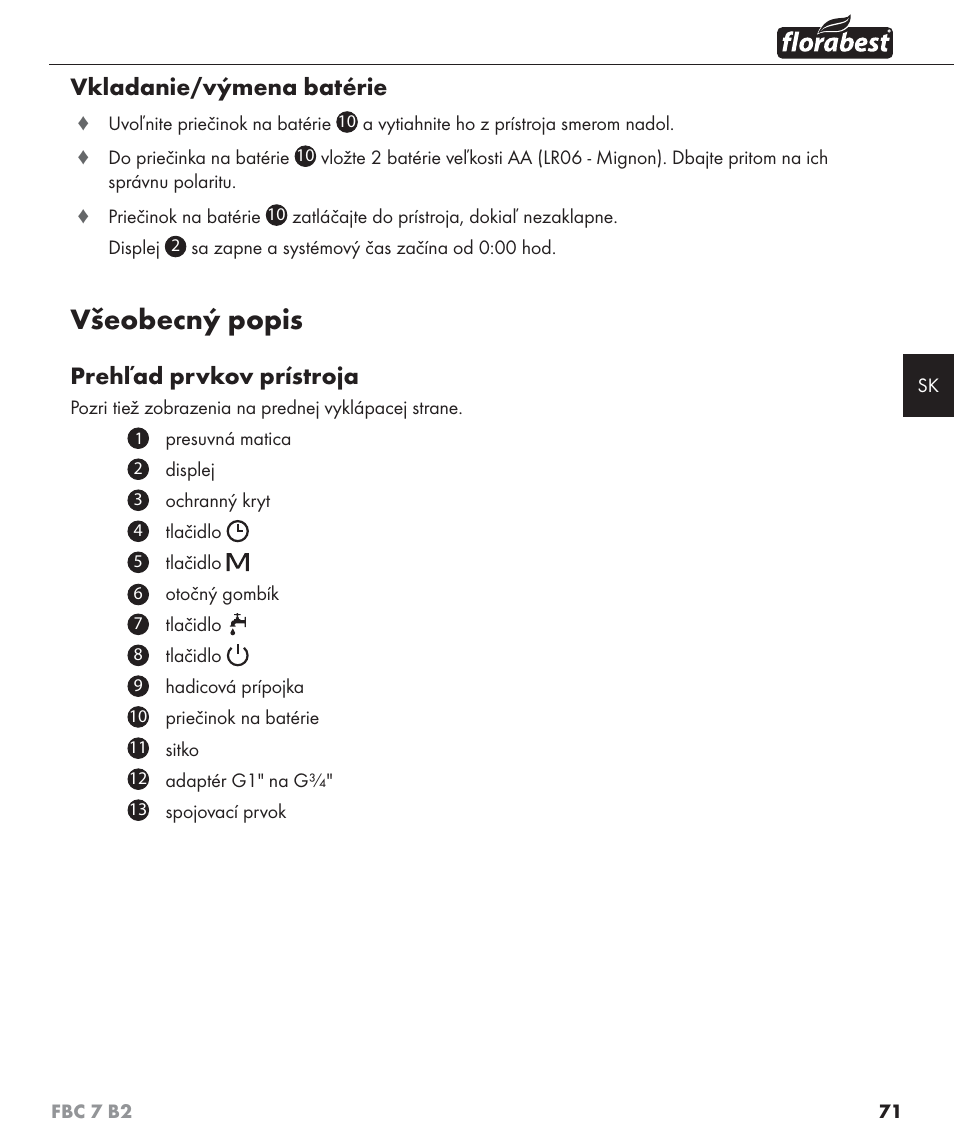 Všeobecný popis, Vkladanie/výmena batérie, Prehľad prvkov prístroja | Florabest FBC 7 B2 User Manual | Page 78 / 103