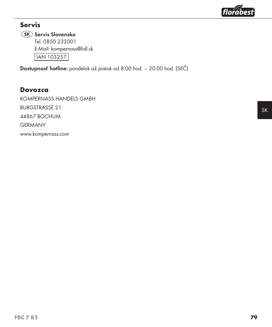 Servis, Dovozca | Florabest FBC 7 B2 User Manual | Page 86 / 103