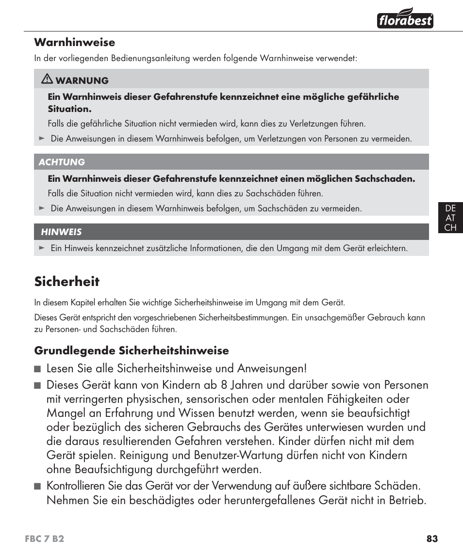 Sicherheit, Lesen sie alle sicherheitshinweise und anweisungen | Florabest FBC 7 B2 User Manual | Page 90 / 103