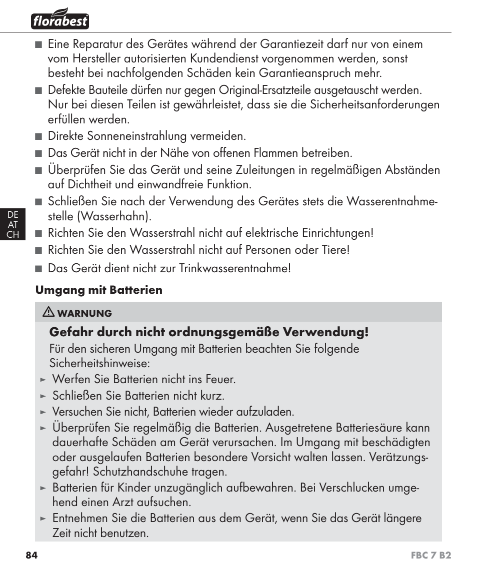 Direkte sonneneinstrahlung vermeiden, Das gerät dient nicht zur trinkwasserentnahme, Werfen sie batterien nicht ins feuer | Schließen sie batterien nicht kurz, Versuchen sie nicht, batterien wieder aufzuladen | Florabest FBC 7 B2 User Manual | Page 91 / 103