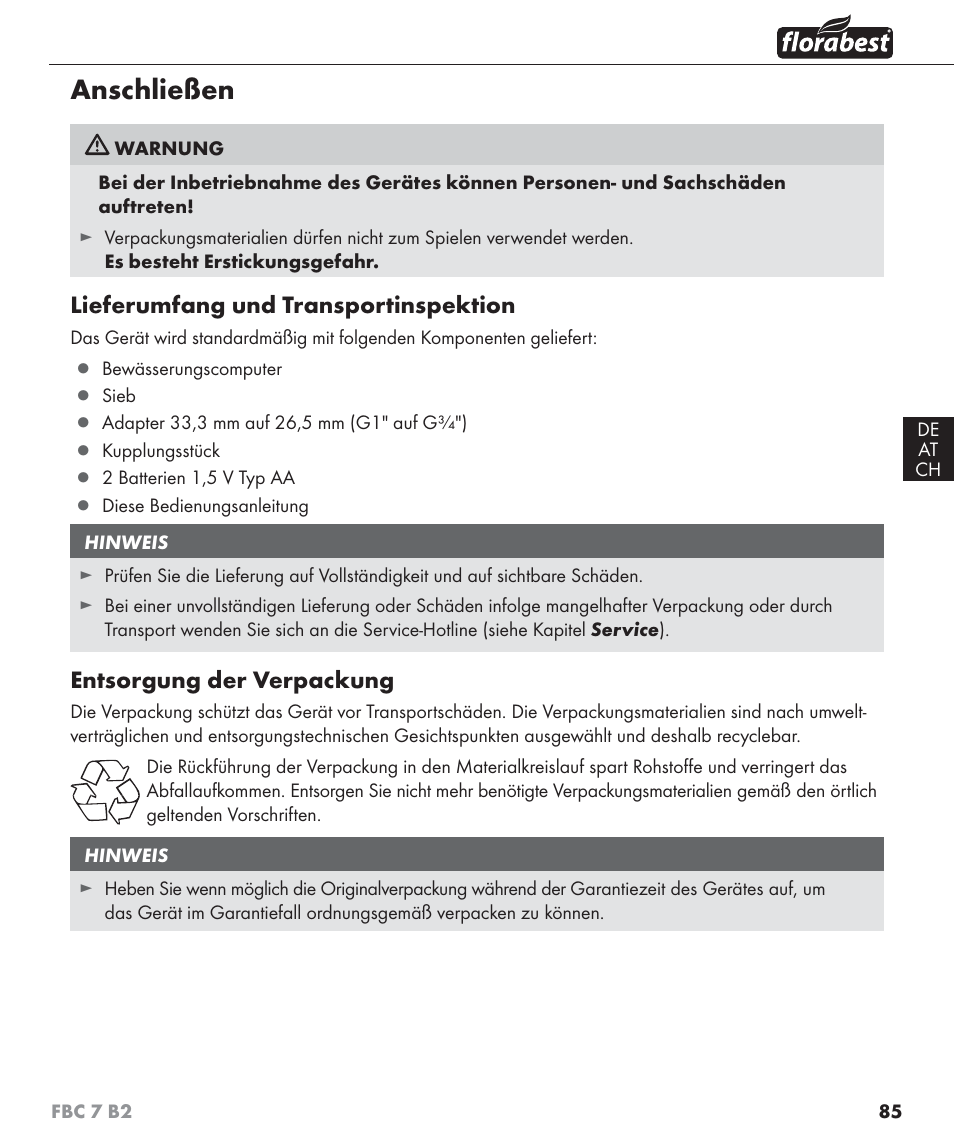 Anschließen, Lieferumfang und transportinspektion, Entsorgung der verpackung | Florabest FBC 7 B2 User Manual | Page 92 / 103