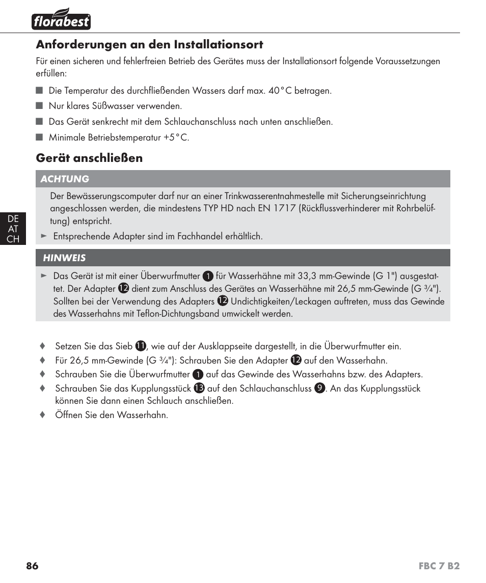 Anforderungen an den installationsort, Gerät anschließen | Florabest FBC 7 B2 User Manual | Page 93 / 103