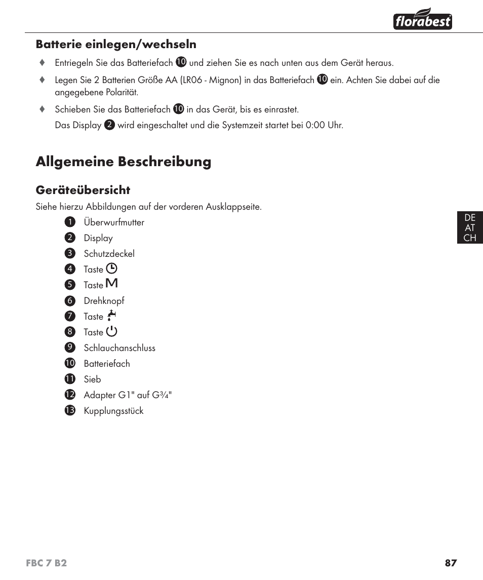 Allgemeine beschreibung, Batterie einlegen/wechseln, Geräteübersicht | Florabest FBC 7 B2 User Manual | Page 94 / 103