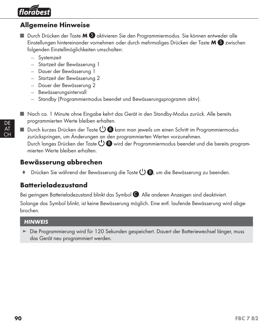 Allgemeine hinweise, Bewässerung abbrechen, Batterieladezustand | Florabest FBC 7 B2 User Manual | Page 97 / 103