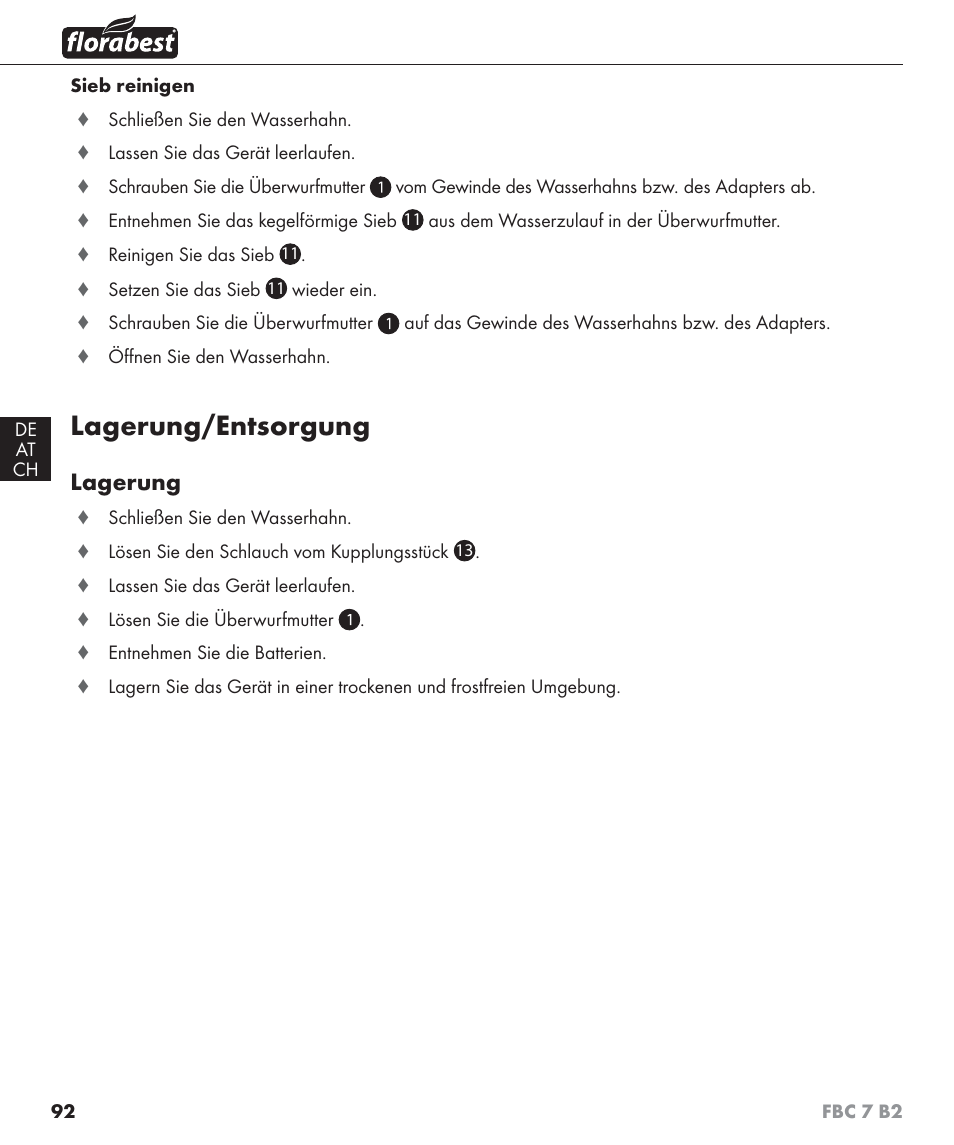 Lagerung/entsorgung, Lagerung | Florabest FBC 7 B2 User Manual | Page 99 / 103
