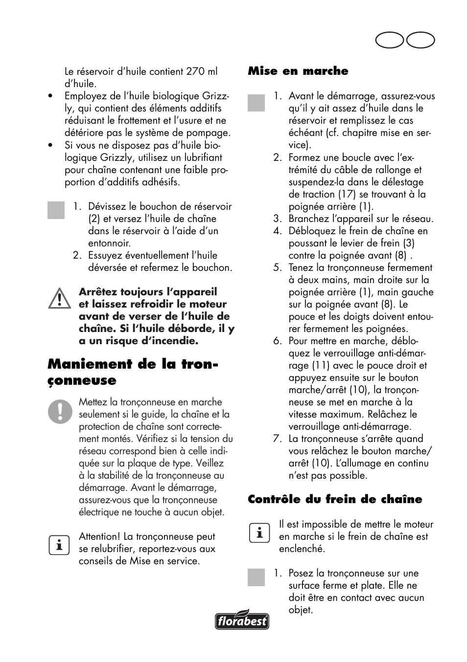 Maniement de la tron- çonneuse, Be fr | Florabest FKS 2200 D2 User Manual | Page 15 / 100
