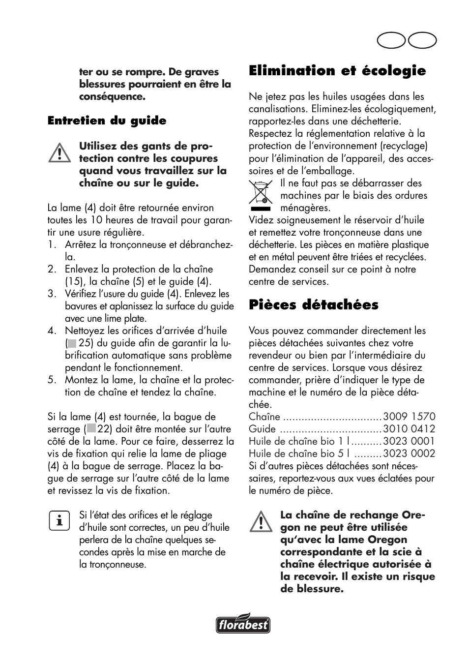 Elimination et écologie, Pièces détachées, Be fr | Florabest FKS 2200 D2 User Manual | Page 23 / 100