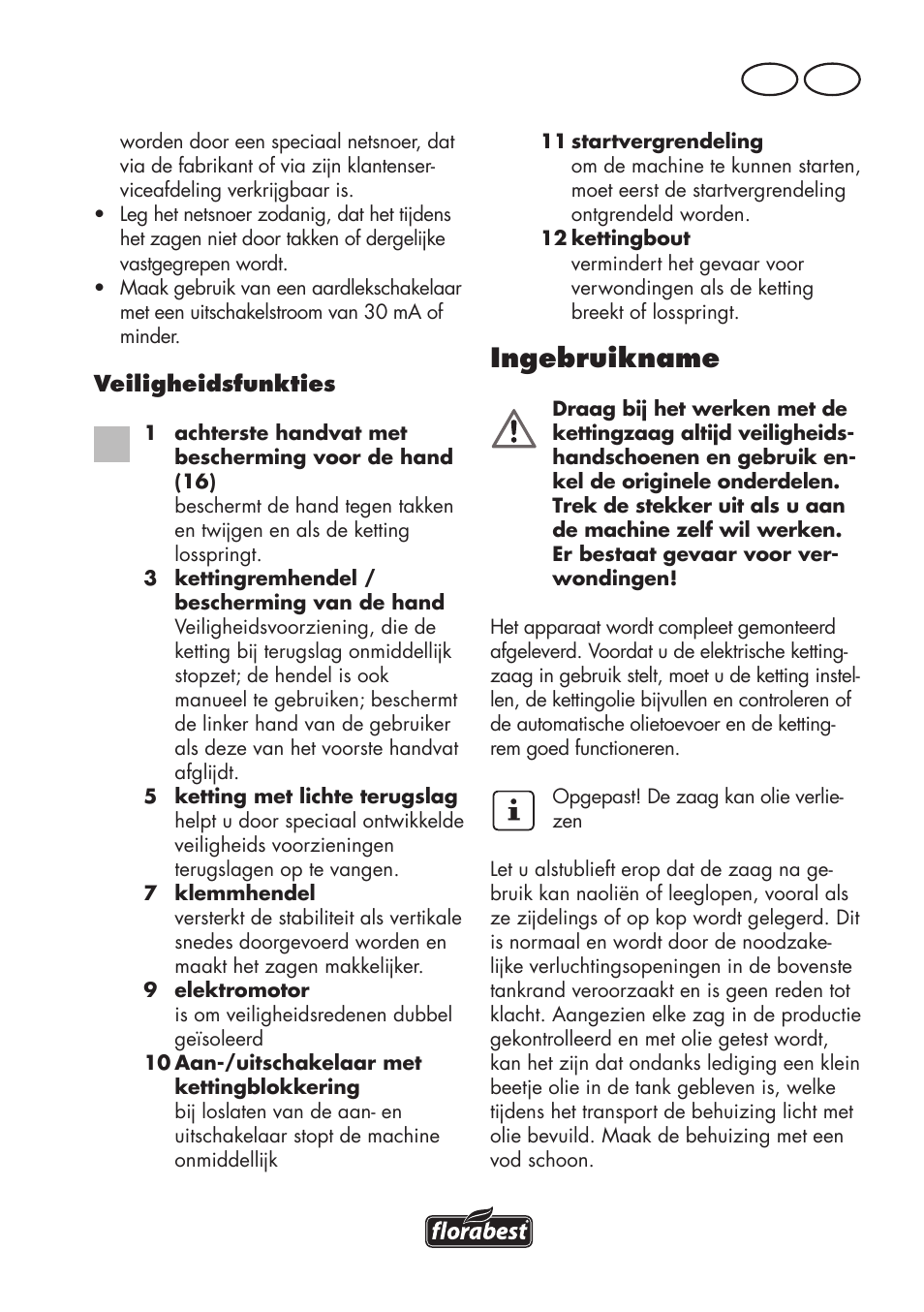 Ingebruikname, Be nl | Florabest FKS 2200 D2 User Manual | Page 35 / 100