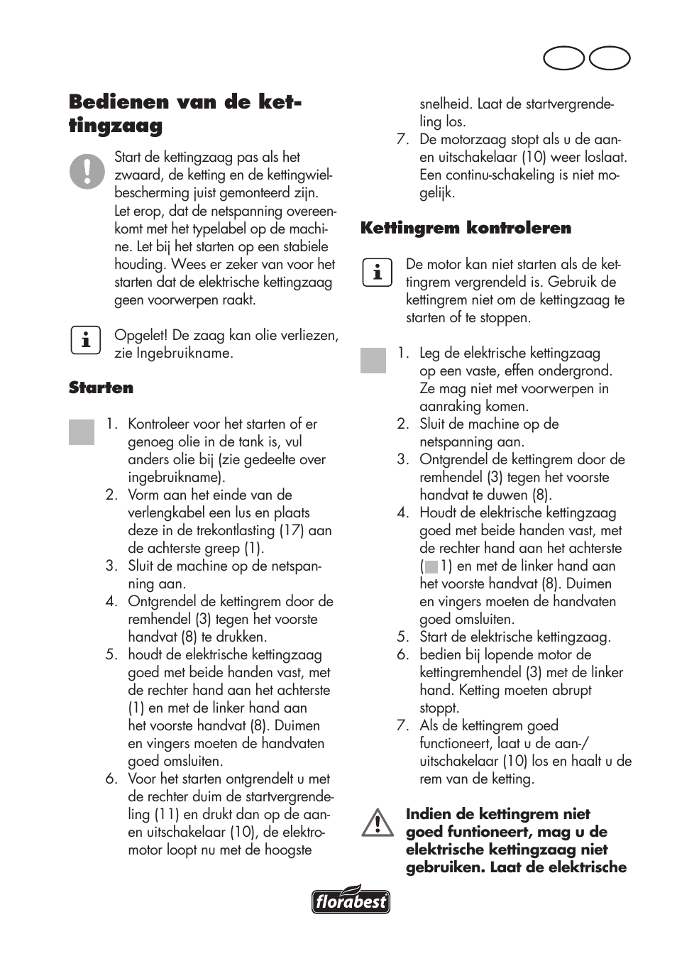 Bedienen van de ket- tingzaag, Be nl | Florabest FKS 2200 D2 User Manual | Page 37 / 100