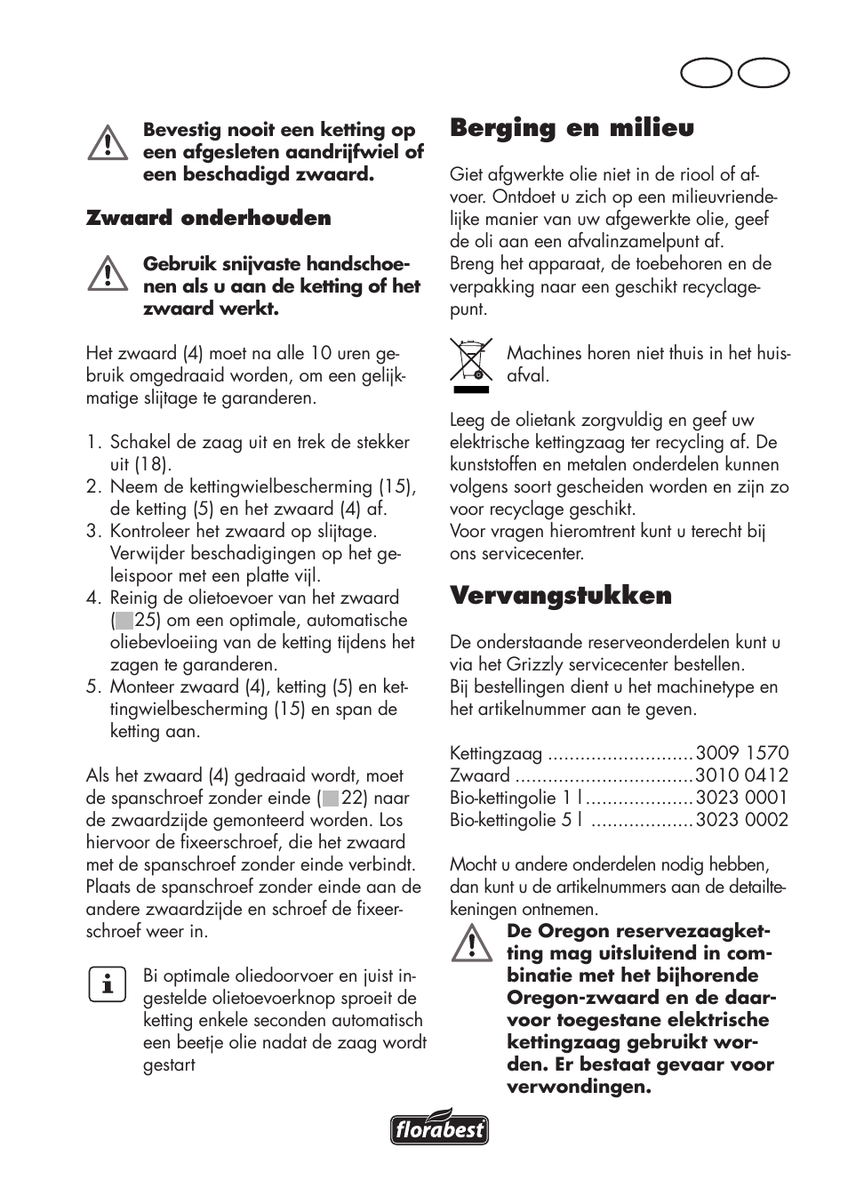 Berging en milieu, Vervangstukken, Be nl | Florabest FKS 2200 D2 User Manual | Page 45 / 100