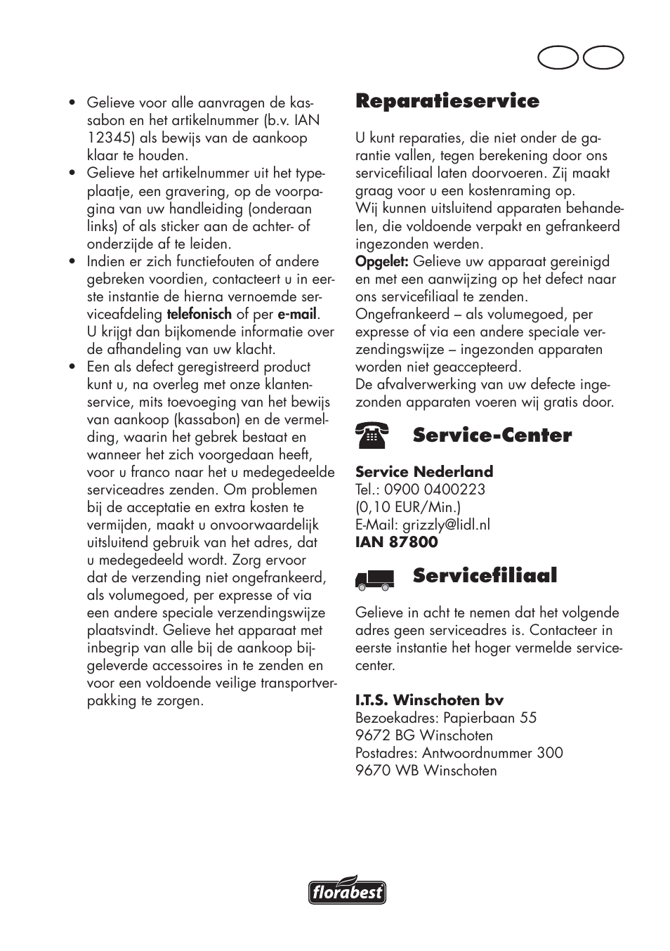 Reparatieservice, Service-center, Servicefiliaal | Be nl | Florabest FKS 2200 D2 User Manual | Page 47 / 100