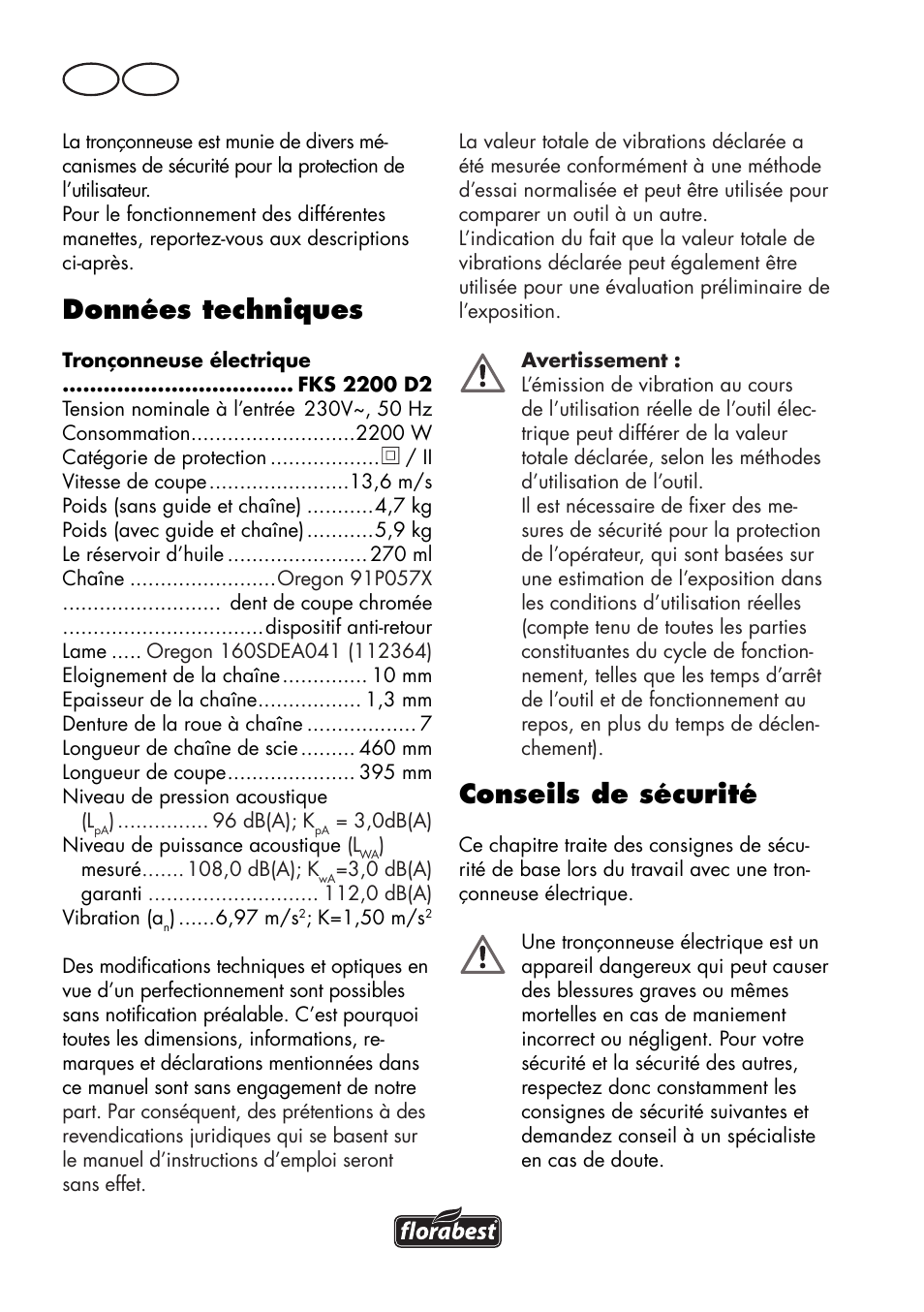 Données techniques, Conseils de sécurité, Fr be | Florabest FKS 2200 D2 User Manual | Page 6 / 100