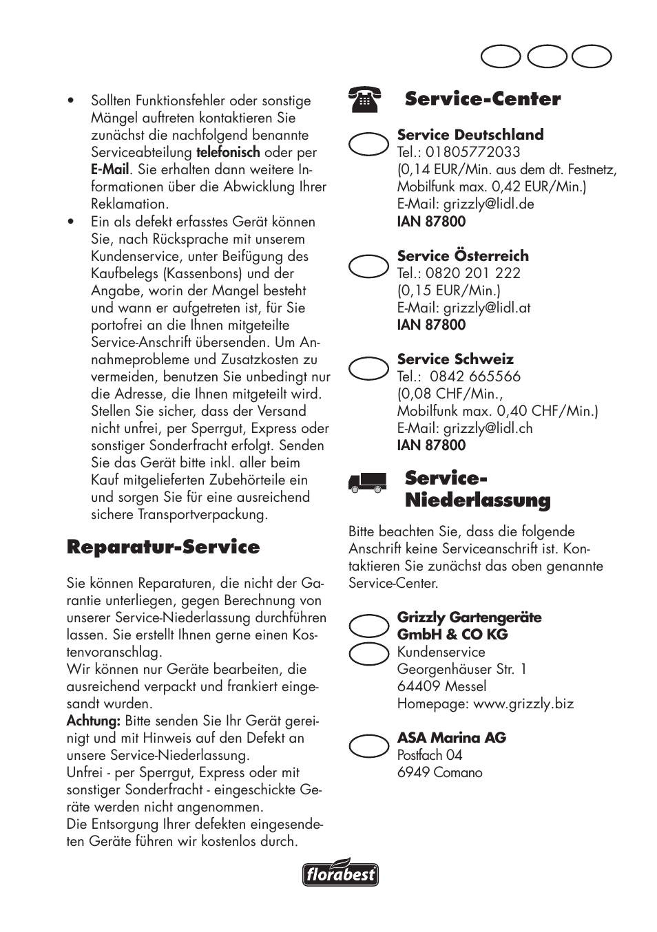 Service-center, Service- niederlassung, Reparatur-service | At ch de, De at at ch ch | Florabest FKS 2200 D2 User Manual | Page 71 / 100