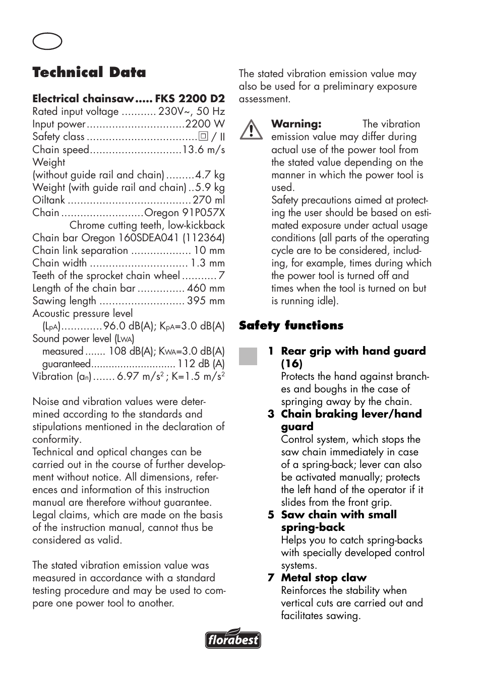 Technical data | Florabest FKS 2200 D2 User Manual | Page 74 / 100