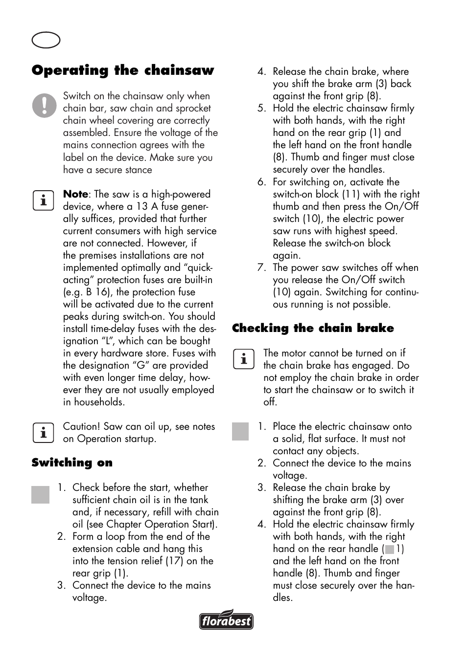 Operating the chainsaw | Florabest FKS 2200 D2 User Manual | Page 82 / 100