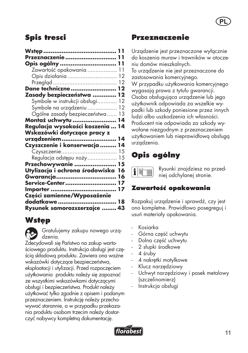 Przeznaczenie, Opis ogólny, Spis tresci | Wstęp | Florabest FHM 38 A1 User Manual | Page 11 / 46