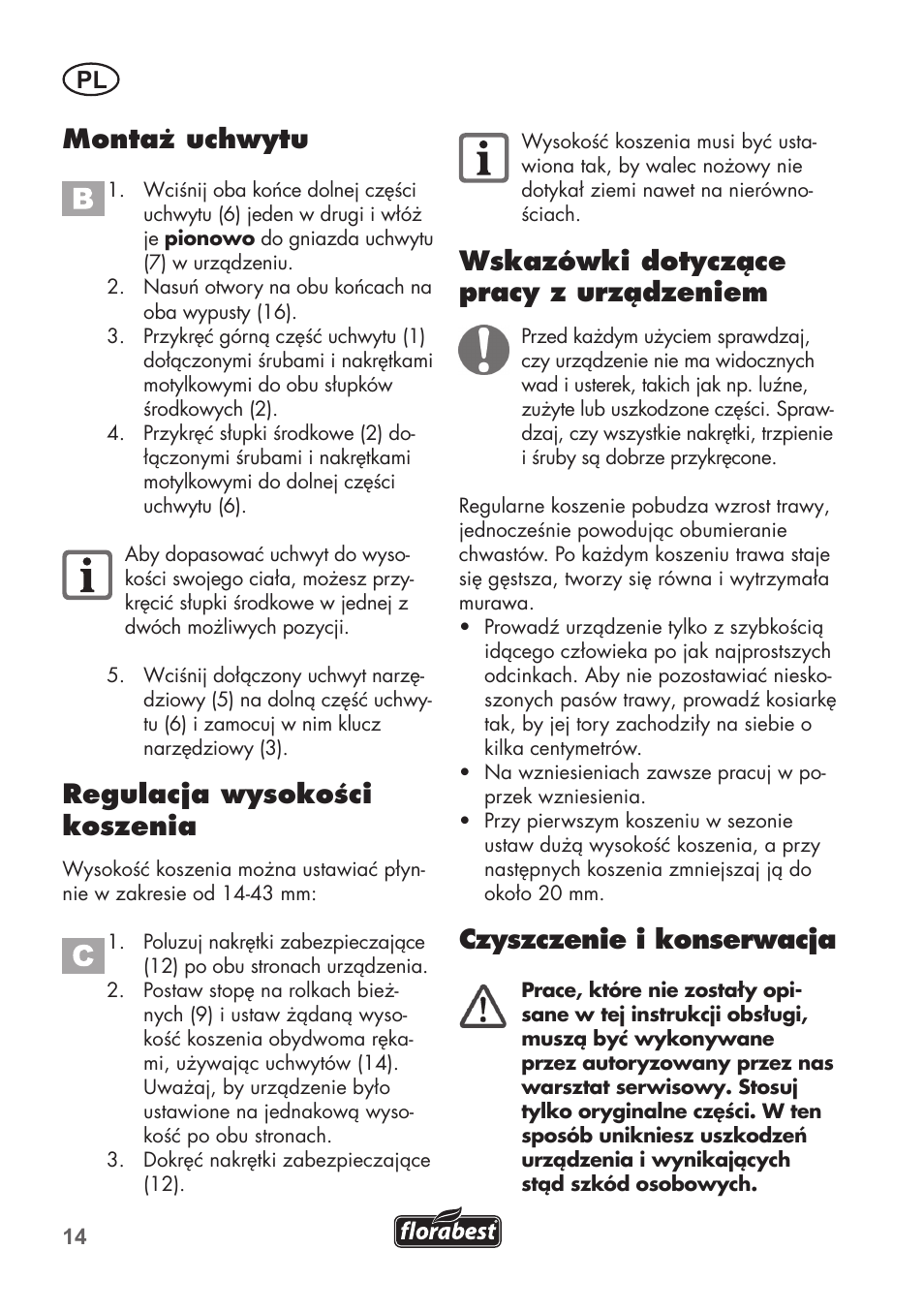 Montaż uchwytu, Regulacja wysokości koszenia, Wskazówki dotyczące pracy z urządzeniem | Czyszczenie i konserwacja | Florabest FHM 38 A1 User Manual | Page 14 / 46