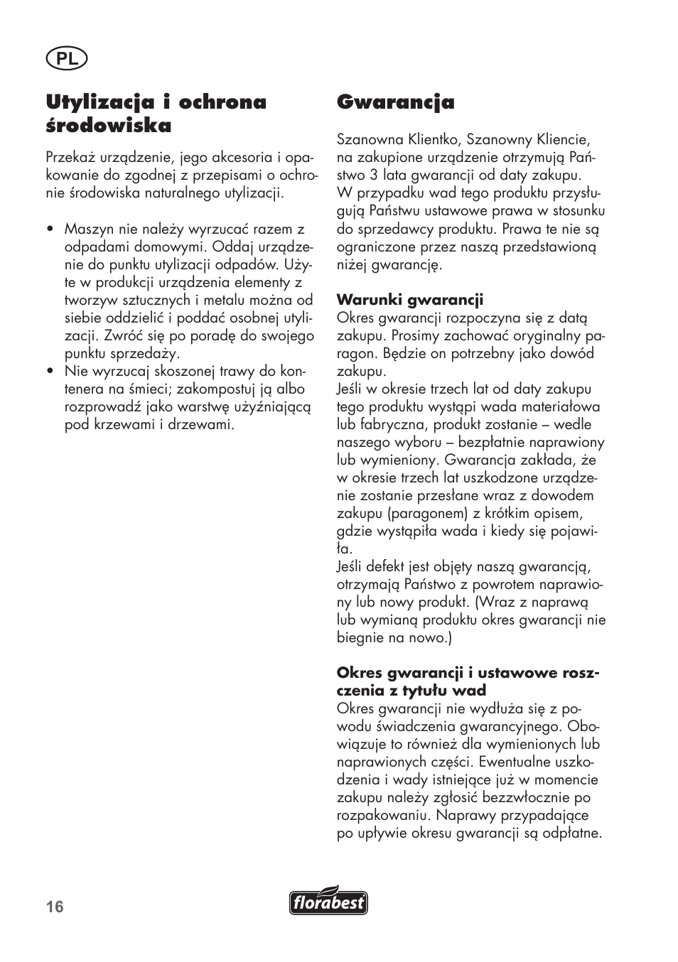 Utylizacja i ochrona środowiska, Gwarancja | Florabest FHM 38 A1 User Manual | Page 16 / 46