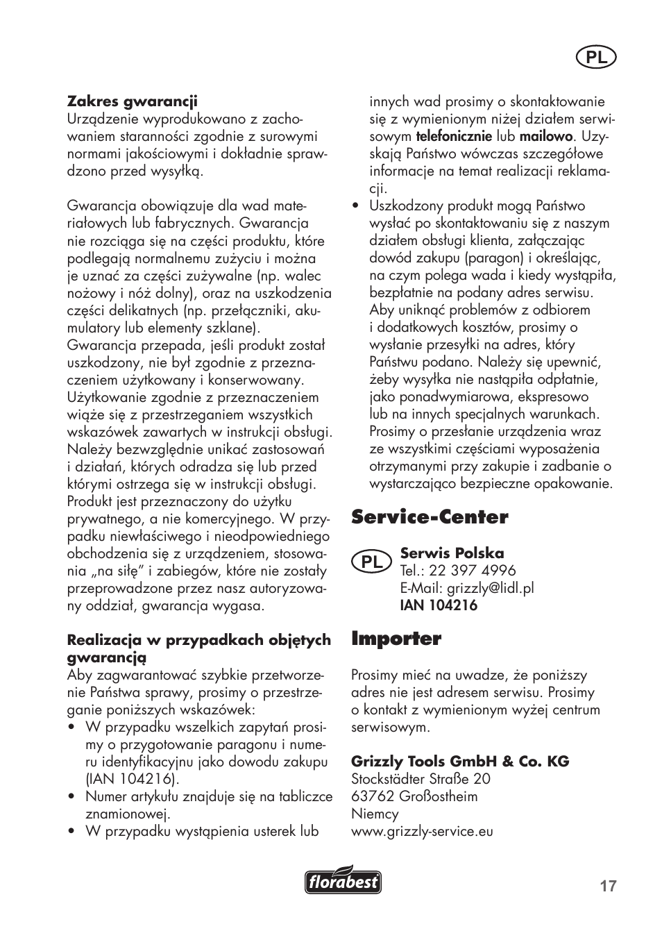 Service-center, Importer | Florabest FHM 38 A1 User Manual | Page 17 / 46