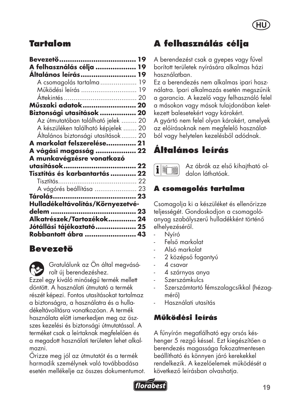A felhasználás célja, Általános leírás, Tartalom | Bevezetö | Florabest FHM 38 A1 User Manual | Page 19 / 46