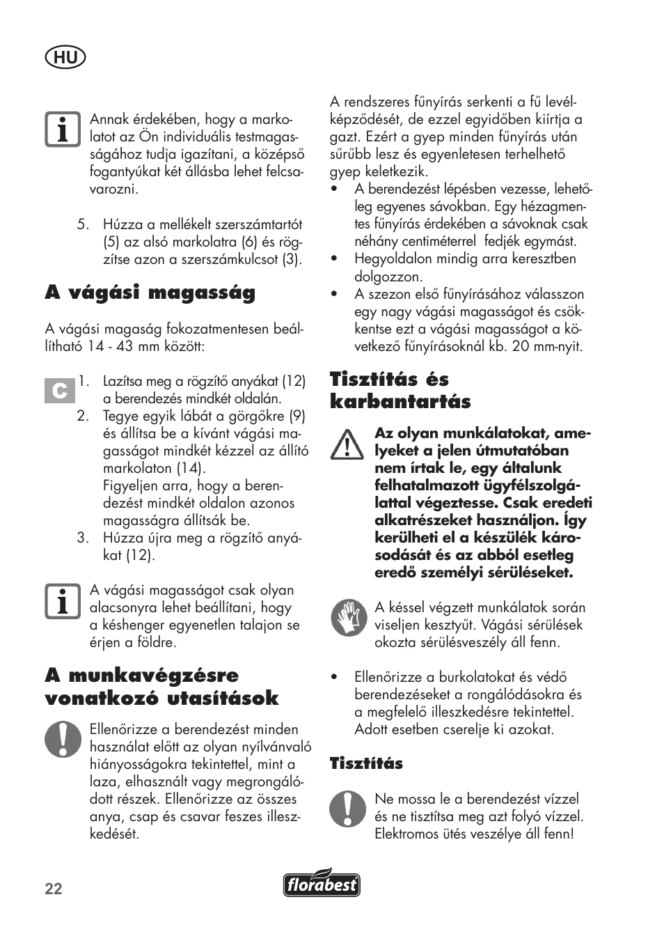 A vágási magasság, A munkavégzésre vonatkozó utasítások, Tisztítás és karbantartás | Florabest FHM 38 A1 User Manual | Page 22 / 46