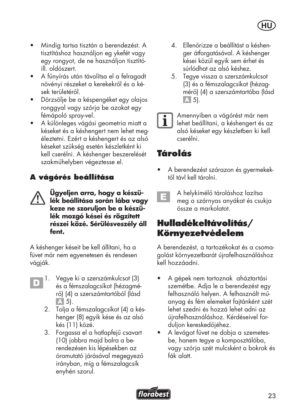 Tárolás, Hulladékeltávolítás/ környezetvédelem | Florabest FHM 38 A1 User Manual | Page 23 / 46