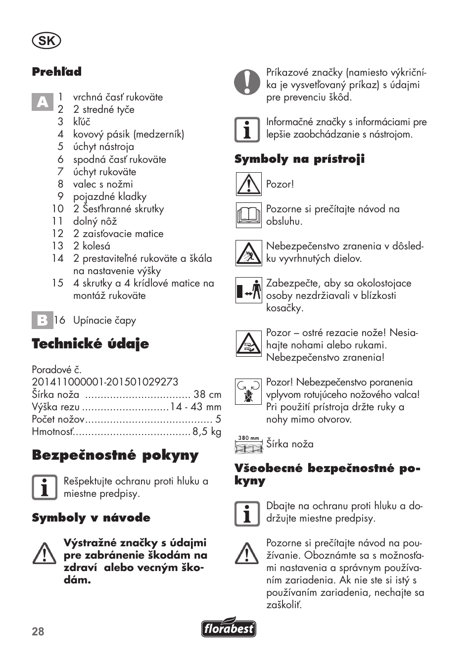 Technické údaje, Bezpečnostné pokyny | Florabest FHM 38 A1 User Manual | Page 28 / 46