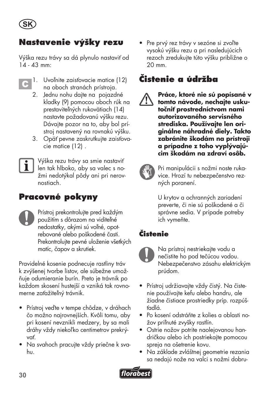 Nastavenie výšky rezu, Pracovné pokyny, Čistenie a údržba | Florabest FHM 38 A1 User Manual | Page 30 / 46