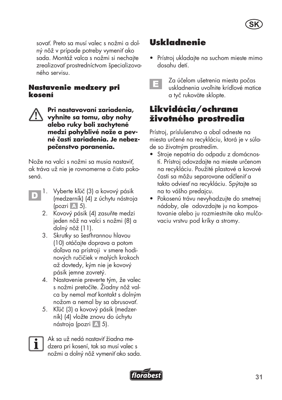 Uskladnenie, Likvidácia/ochrana životného prostredia | Florabest FHM 38 A1 User Manual | Page 31 / 46